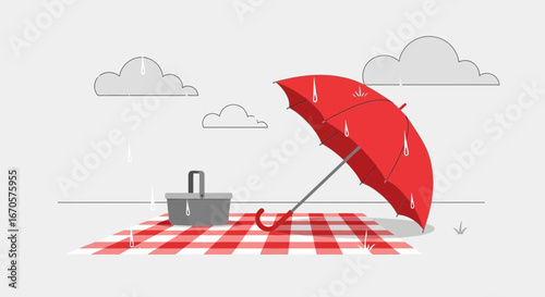Unexpected Rain Dampens Picnic Plans Stillness Underneath Red Umbrella