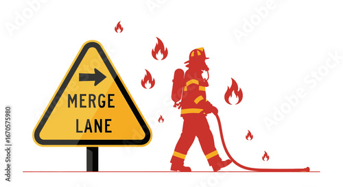 Unexpected Road Sign Depicting Firefighter Working With Hazard Merge Ahead