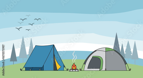 Tranquil Camping Scene With Tents And Campfire In Forest Illustration