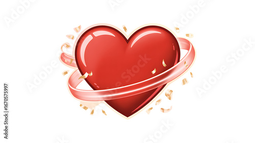 Crimson Embrace: A vibrant, gleaming red heart, gracefully encircled by a ribbon of love and joy, emanating warmth and affection through visual expression.