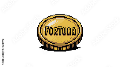 Golden Fortuna Coin: A pixelated, antique coin that radiates affluence and destiny, with the word 'Fortuna' prominently displayed on its surface, conveying a sense of luck and monetary success.