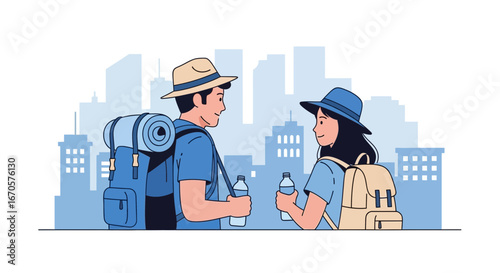 Urban Adventure Couple Enjoying a Backpacking Trip Together in the City