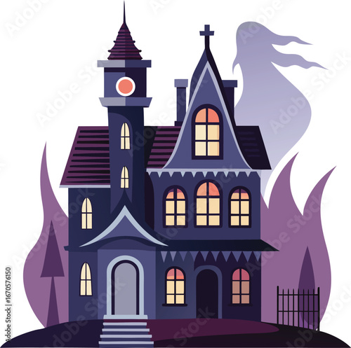 creepy mansion with ghost rising from chimney