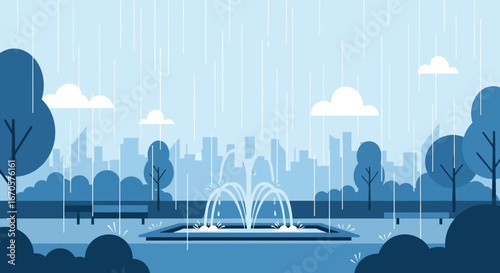 Tranquil Cityscape In Rainy Weather With Fountain And Trees Illustration
