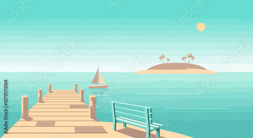 Tranquil Coastal Scene With Dock And Distant Island At Warm Sunset
