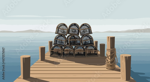 Tranquil Coastal Scene Lobster Traps Stacked Neatly On A Wooden Pier