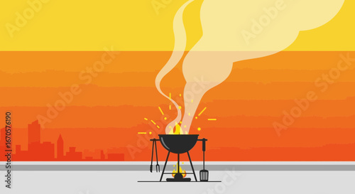 Urban Barbecue At Sunset With City Skyline Background Creates A Cozy Atmosphere