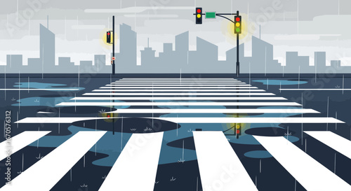 Urban Crosswalk Scene With Rain And Reflections Cityscape Minimalist Style