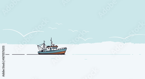 Tranquil Fishing Boat Illustration Under A Serene Sky With Flying Seagulls