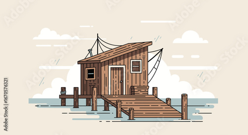 Tranquil Fishing Cabin On Dock Near Water Vector Illustration With Calm Atmosphere