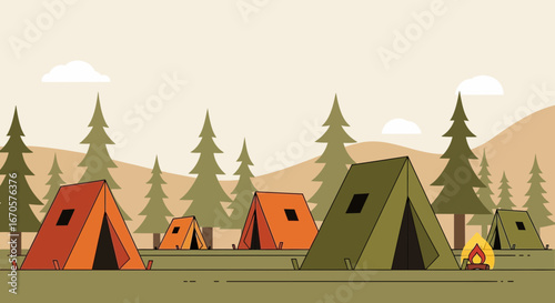 Tranquil Forest Camp Illustration With Tents And A Warm Bonfire Scene