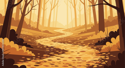 Tranquil Forest Path Amidst Golden Autumn Foliage For Serene Backgrounds