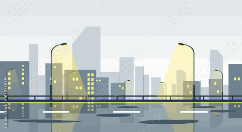 Urban Evening Serenity Cityscape Reflections Amidst Architectural Simplicity Graphic