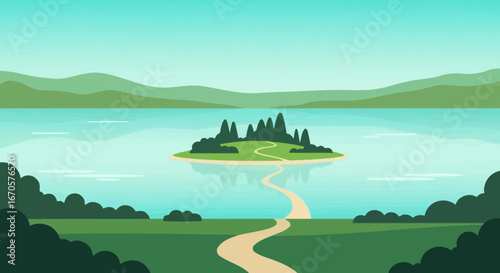 Tranquil Lake Landscape with Island Path in Flat Design on Sunny Day