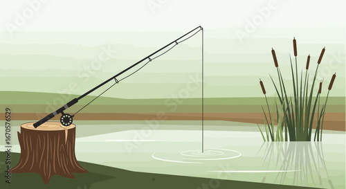 Tranquil Lakeside Angling Scene With Fishing Rod Leaning On A Tree Stump