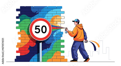 Urban Graffiti Artist Creating Mural on Brick Wall with Speed Limit Sign