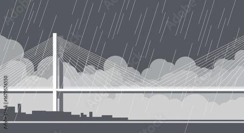 Urban Landscape Bridge In the Rain Cityscape Heavy Rainfall Minimalist Design