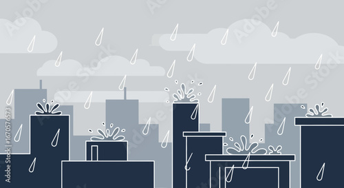 Urban Landscape Under Rain Showers Cityscape With Weather Elements And Water Overflow