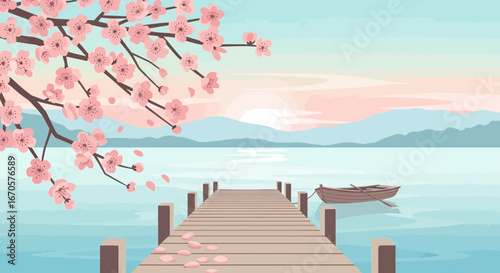 Tranquil Lakeside Scene With Cherry Blossoms And A Wooden Pier At Sunset