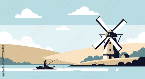Tranquil Lakeside Scene With Fisherman Mill And Rolling Hills Offers Serene Escape