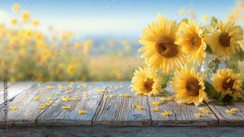 A vibrant bouquet of sunflowers rests on a rustic wooden table, surrounded by scattered petals, set against a sunny, blurred floral background.
