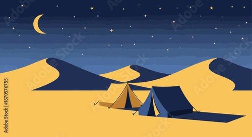 Tranquil Night In Desert Landscape Featuring Tents Under Starry Sky
