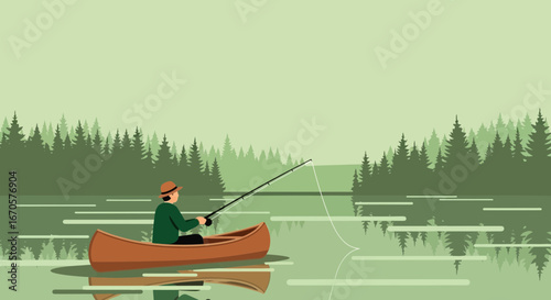 Tranquil scene of a fisherman in a canoe on a serene lake surrounded by green trees reflects peaceful outdoor activity