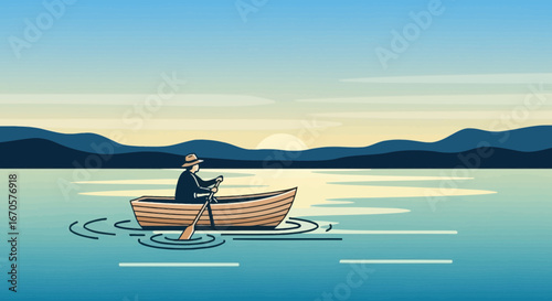 Tranquil Scene Of A Man Rowing On Calm Waters At Sunset Illustration