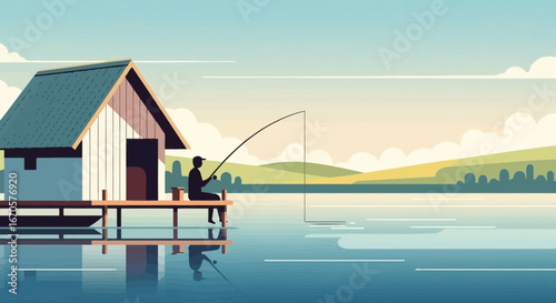 Tranquil Scene Of Fisherman Angling From Dock By Lakeside Cabin In The Morning
