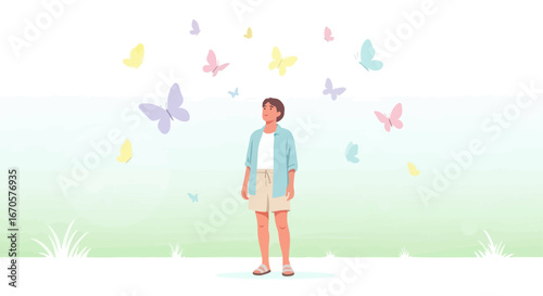 Tranquil Scene Of A Person Surrounded By Butterflies In Pastel Hues