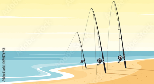 Tranquil Scene Of Fishing Rods Standing Firmly On A Sandy Beach At Sunset