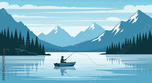 Tranquil Scene Of Fisherman On Lake With Majestic Mountains Backdrop
