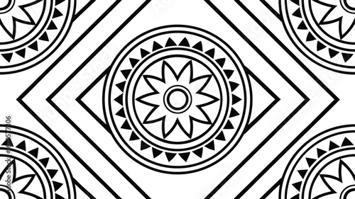 Abstract Geometric Pattern Circular Design with Sun Motif within Intersecting Diamond Shapes, Featuring Bold Black and White Lines