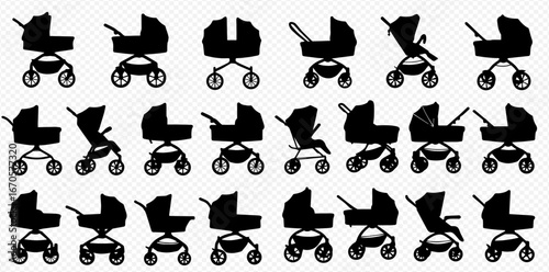 Collection of black silhouette illustrations of different baby strollers and prams.