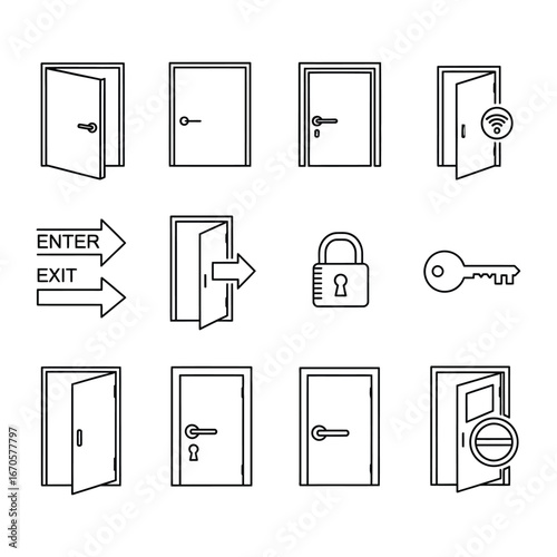 Door icons set vector illustration design for entrance security access and exit graphic elements