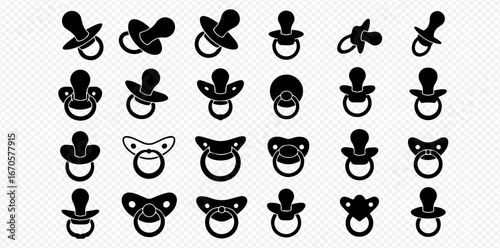 A collection of twenty-four black silhouette illustrations of baby pacifiers, each with a unique design and shape, arranged on a transparent background.