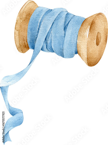 Watercolor Illustration of Blue Ribbon on Spool
