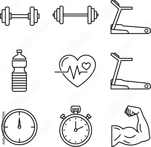 Fitness gym workout equipment vector illustration dumbbells treadmill heart muscle time health exercise