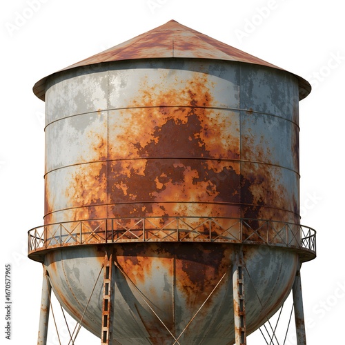 A weathered and rustic water tower, with a conical roof and an aged metal structure. Showing the effects of time and the elements