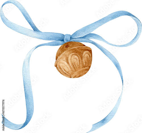 Watercolor Ornament with Blue Ribbon, Winter Decor Illustration