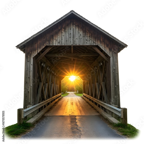 A historic covered bridge illuminated by the sunset, creating a picturesque scene