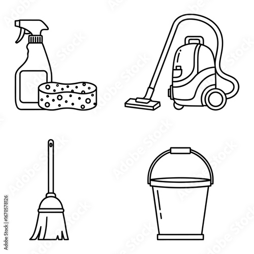 Cleaning supplies outline vector illustration for home cleaning and housekeeping services icon set