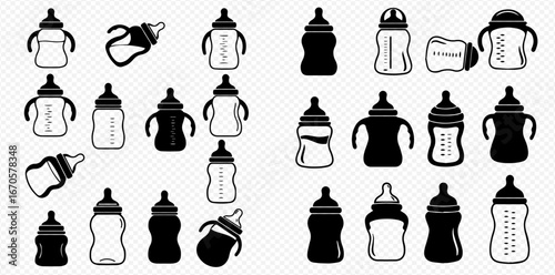 Collection of black and white baby bottle icons, various shapes and sizes, some with handles, arranged on a transparent background.