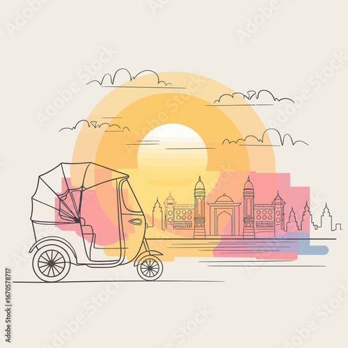 Minimalist Vector Landscape Auto Rickshaw at Sunset