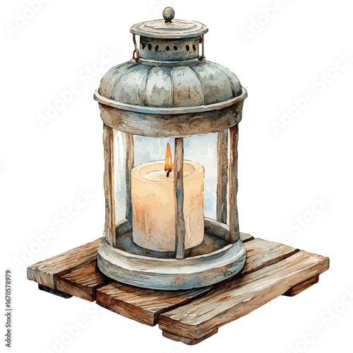 Candle In Lantern, watercolor illustration vector, isolated on a white background.