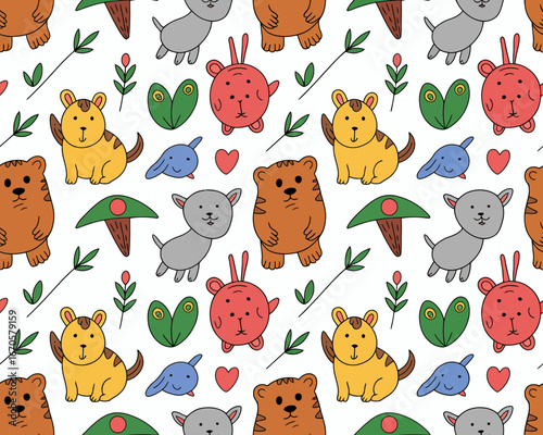 Adorable Animal Seamless Pattern Cute Cats, Tigers, and Birds
