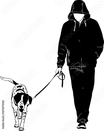 Person in Hoodie Walking a Dalmatian Dog on a Leash, Black and White Illustration