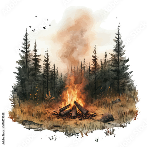 Campfire Glowing Autumn Night, watercolor drawing vector, isolated on a white background.