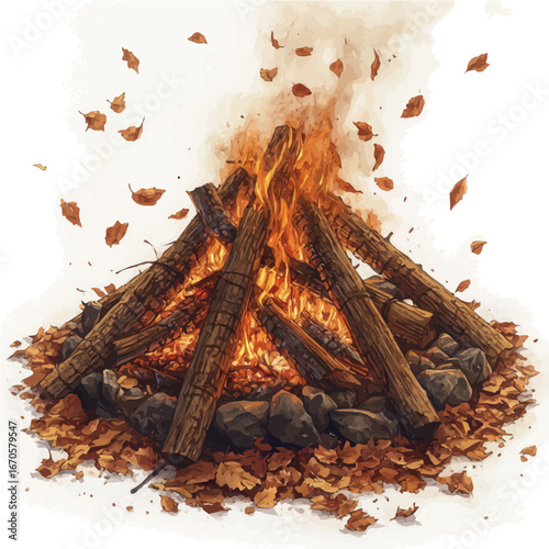 Campfire Glowing Autumn Night, watercolor illustration vector, isolated on a white background.