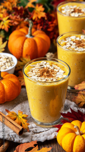 Sipping a delicious pumpkin and banana smoothie in a rustic mug surrounded by small pumpkins and autumn decor, perfect for a cozy afternoon in fall